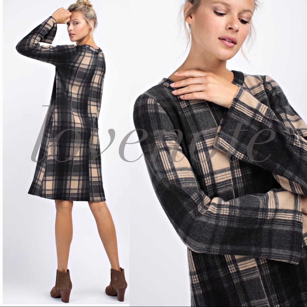 Softest Brushed Plaid Long Sleeve Dress Pockets - Picture 4 of 7